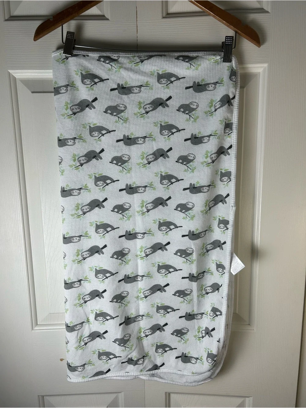 Just Born Sloth Baby Blanket Thermal Waffle Weave Cotton Gray White Tree Branch